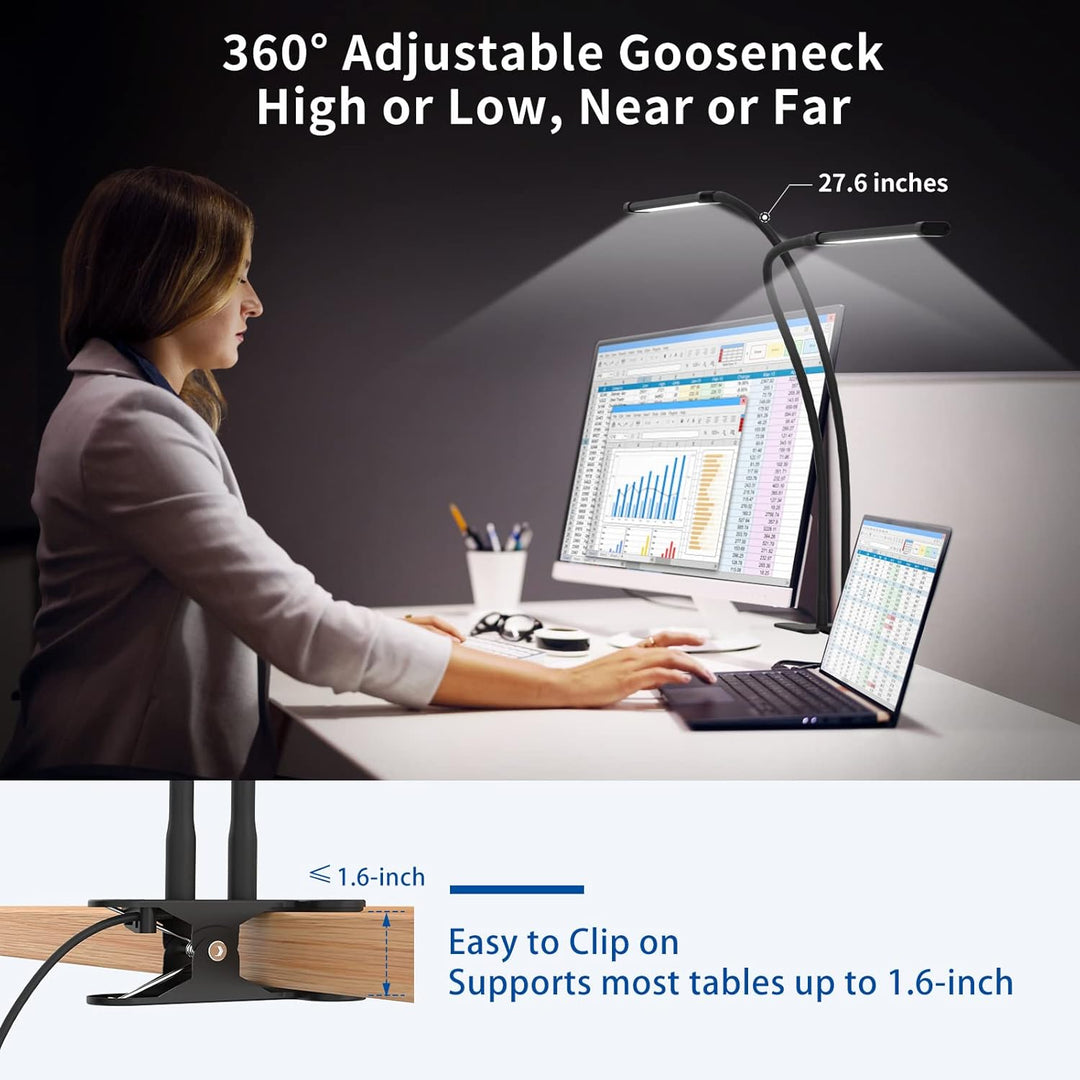 Adjustable LED desk lamp clamped to a desk, showing its flexible gooseneck for versatile lighting.