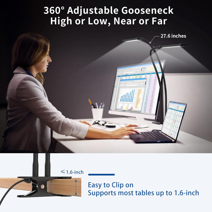 Adjustable LED desk lamp clamped to a desk, showing its flexible gooseneck for versatile lighting.