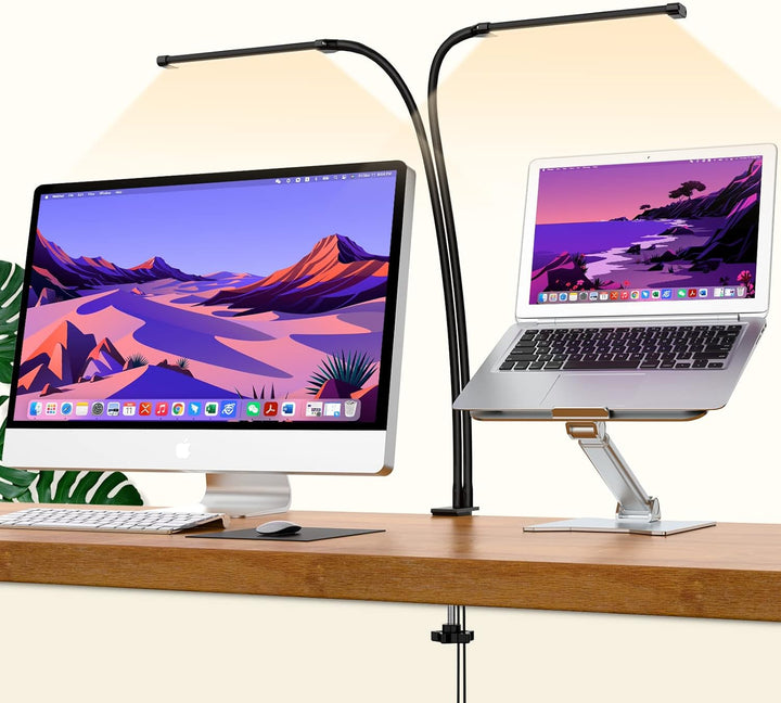 LED desk lamp with a sturdy clamp attached to a wooden desk, perfect for home office lighting needs.