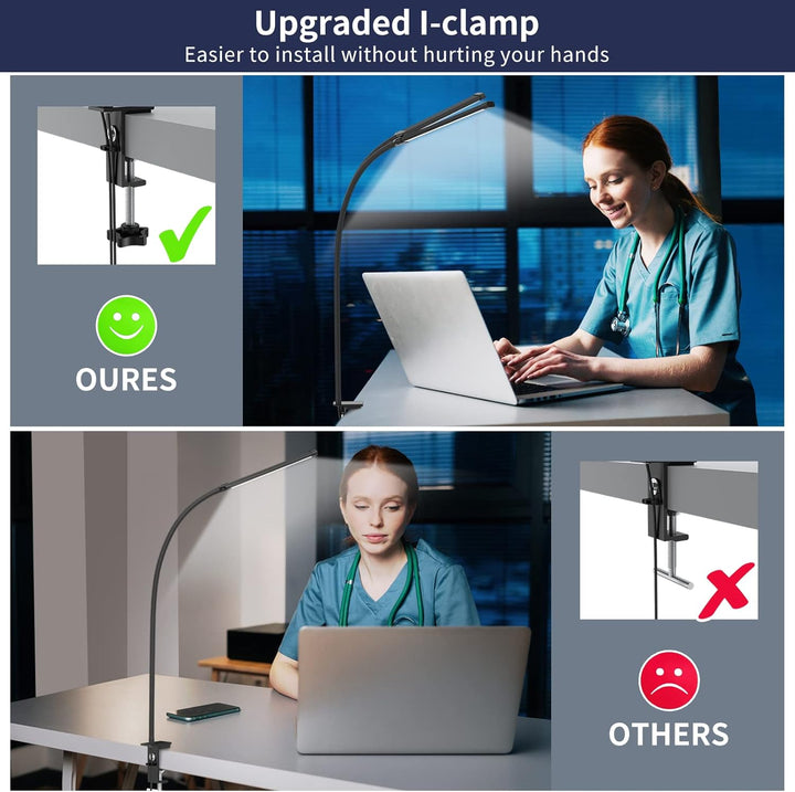 Detailed image of the clamp mechanism of the LED desk lamp, ensuring secure attachment to various surfaces.