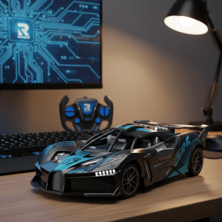 RC 1:18 drift car in action, showing its speed & maneuverability. Perfect kid-friendly remote control toy.