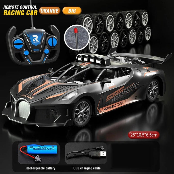 Side view of the RC 1:18 drift car, showcasing its robust build. Fun, durable remote control toy for children.