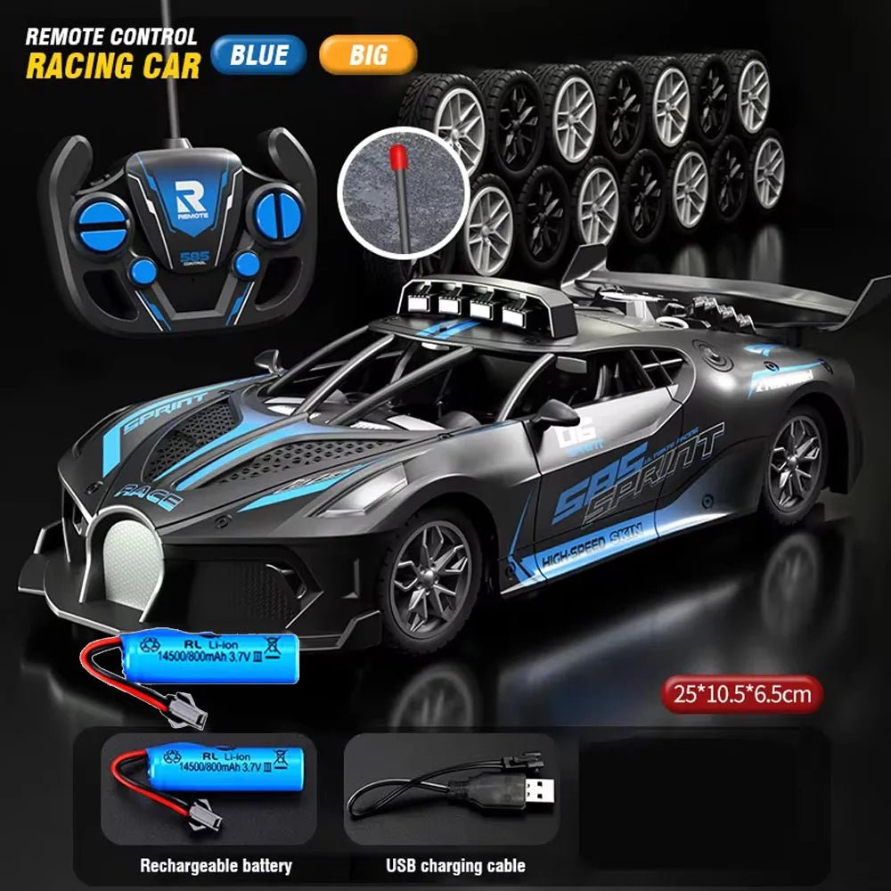 RC 1:18 drift car with its remote control unit, ready for action. Durable, kid-friendly radio control toy.