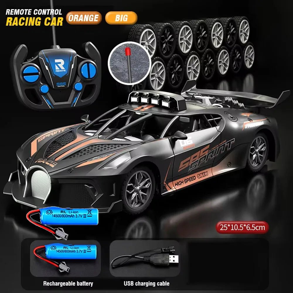 Child holding the remote control for a 1:18 RC drift car, an easy-to-use and durable kid's toy.