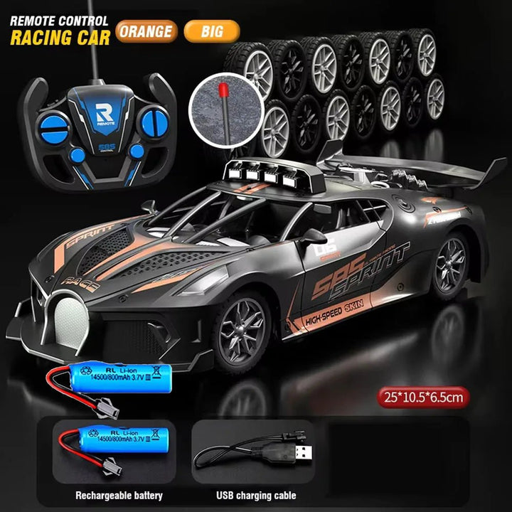 Child holding the remote control for a 1:18 RC drift car, an easy-to-use and durable kid's toy.