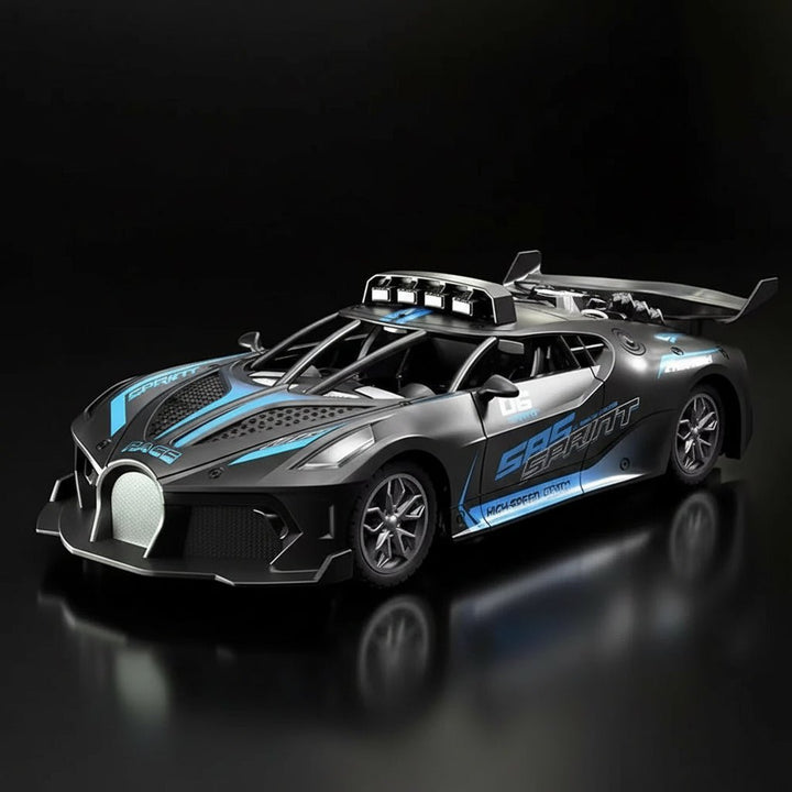 RC 1:18 drift car performing a drift on a smooth surface. Exciting, durable remote control toy for kids.