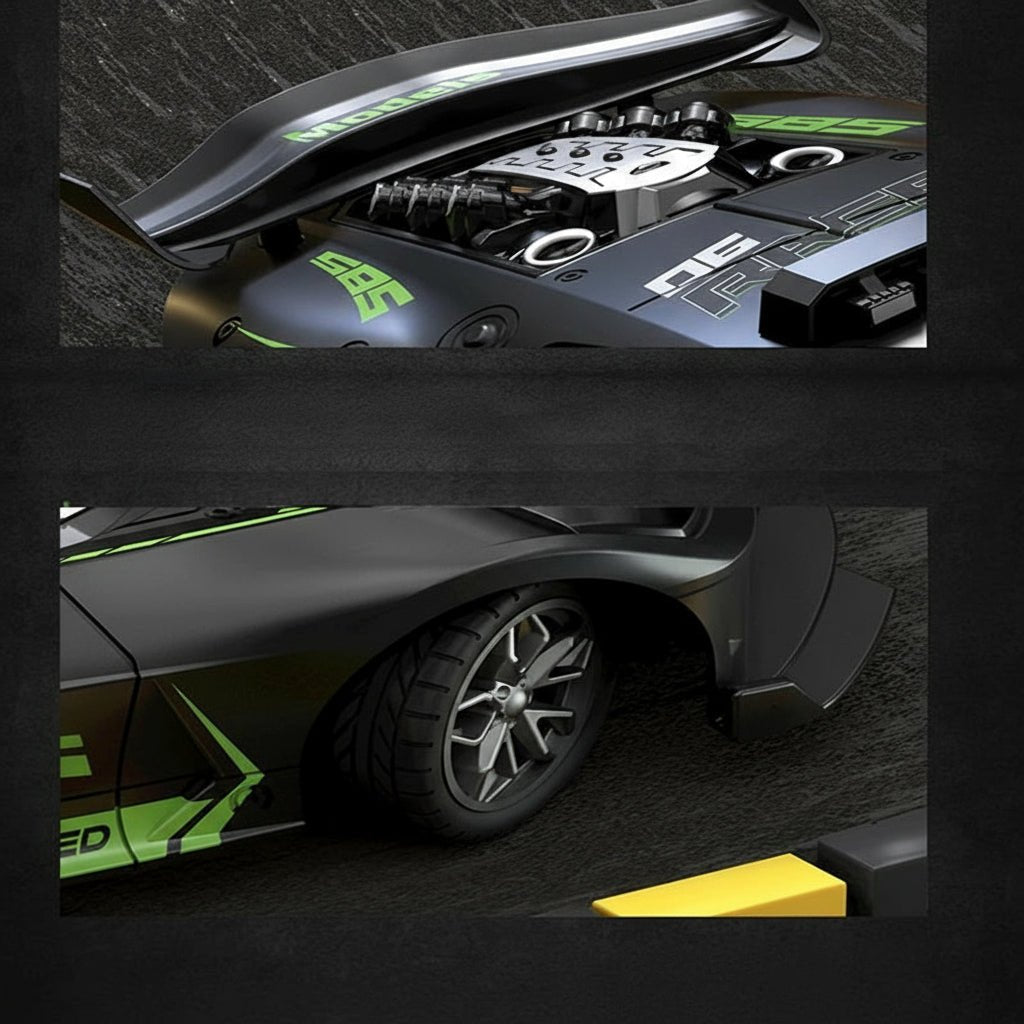 Action shot of a RC 1:18 drift car performing a stunt, a thrilling remote control toy for kids. Durable design.