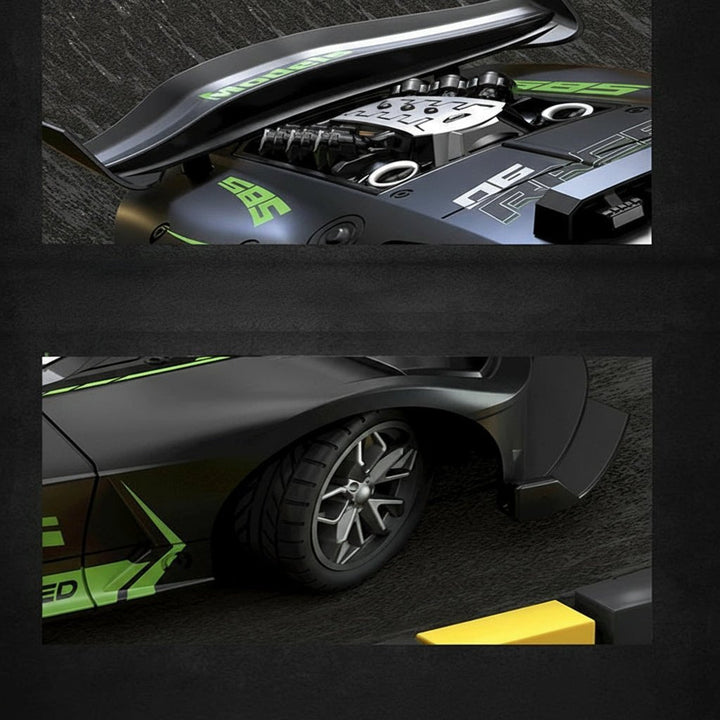 Action shot of a RC 1:18 drift car performing a stunt, a thrilling remote control toy for kids. Durable design.