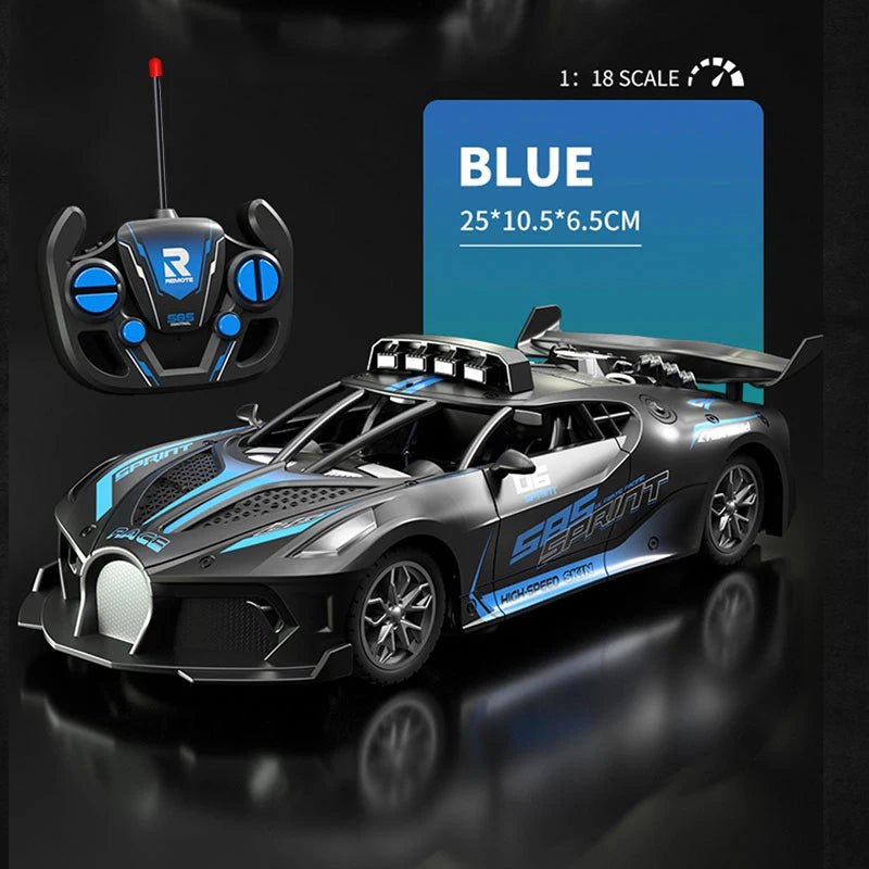 Packaging of the Unisex RC 1:18 drift car, a durable kid-friendly remote control toy. Great gift idea.