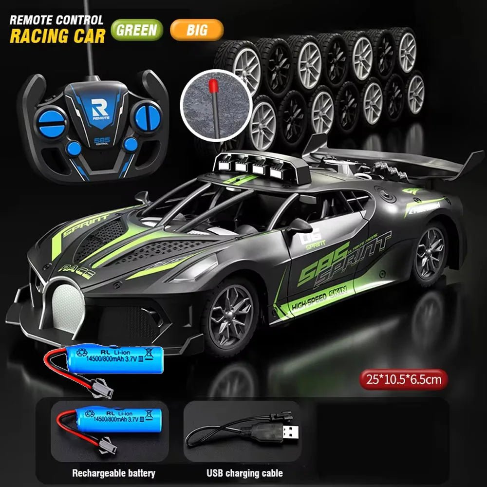 Front view of a sleek 1:18 scale RC drift car, a durable remote control toy for kids. Beginner-friendly.