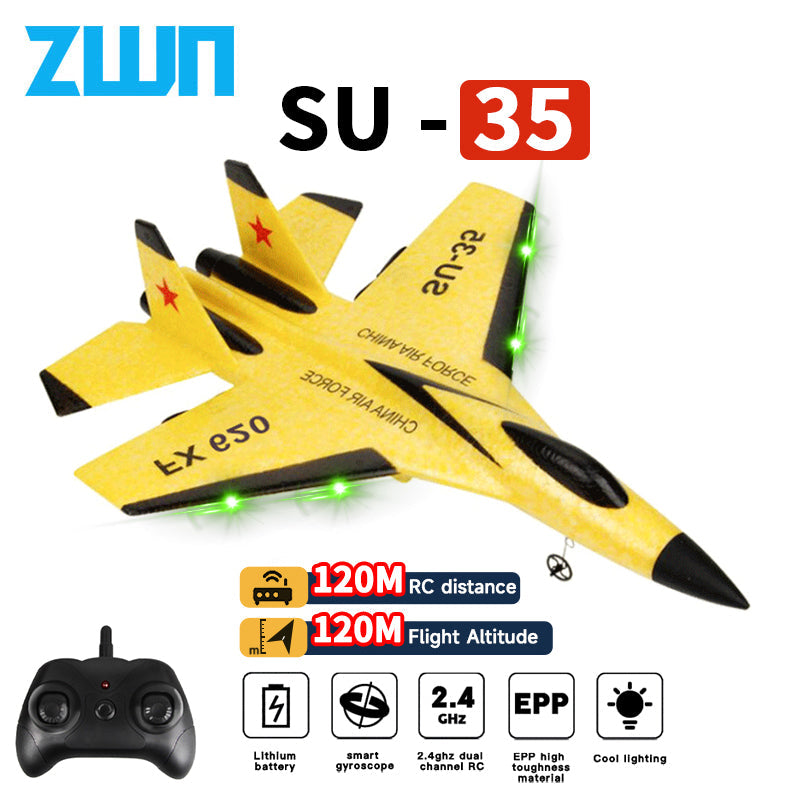 SU35 RC plane flying with brilliant LED lights, 2.4G remote control glider, an exciting model aircraft toy.