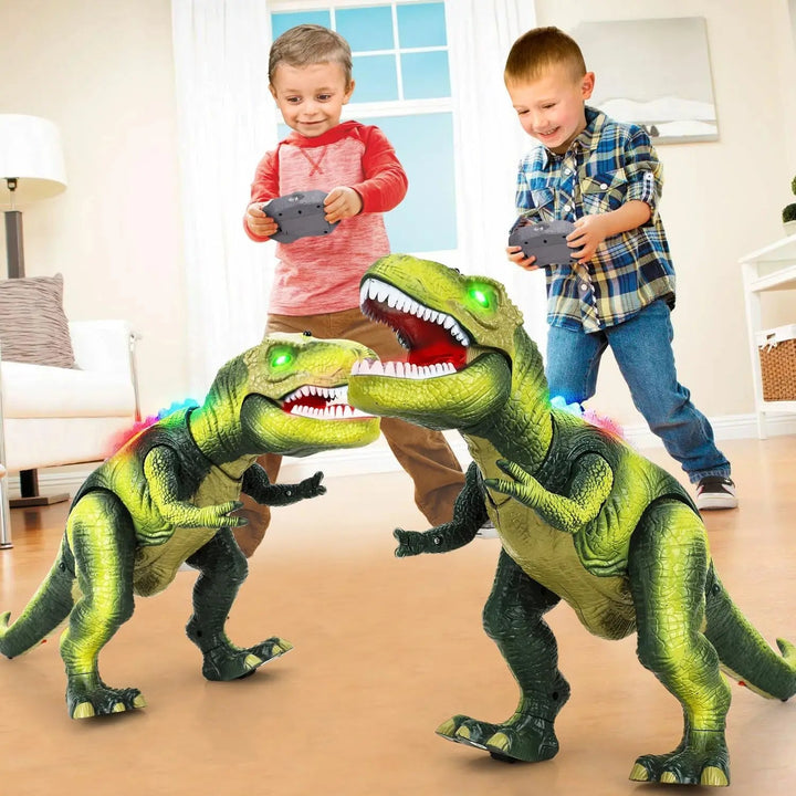 Kids' remote control T-Rex dinosaur toy. Electronic walking, roaring dino with light-up eyes.