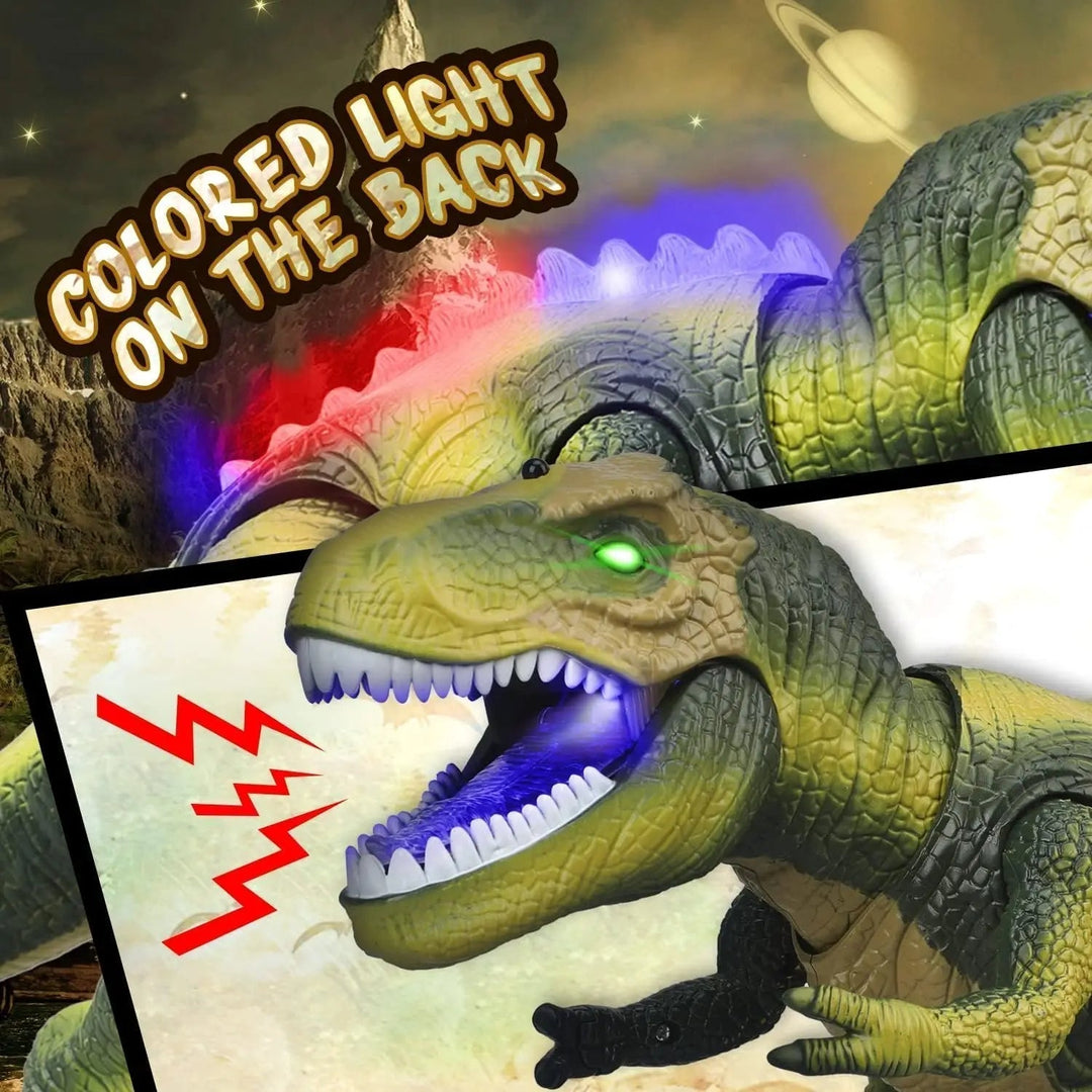 Fun electronic T-Rex dinosaur toy for boys & girls. Remote control walking, roaring, & LED lights.