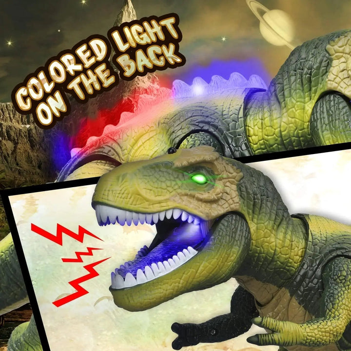Fun electronic T-Rex dinosaur toy for boys & girls. Remote control walking, roaring, & LED lights.