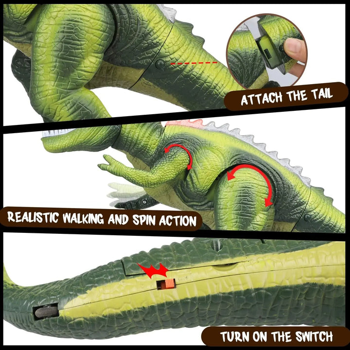 Vivid remote control T-Rex dinosaur with glowing LED eyes & realistic roaring sound effects for kids.