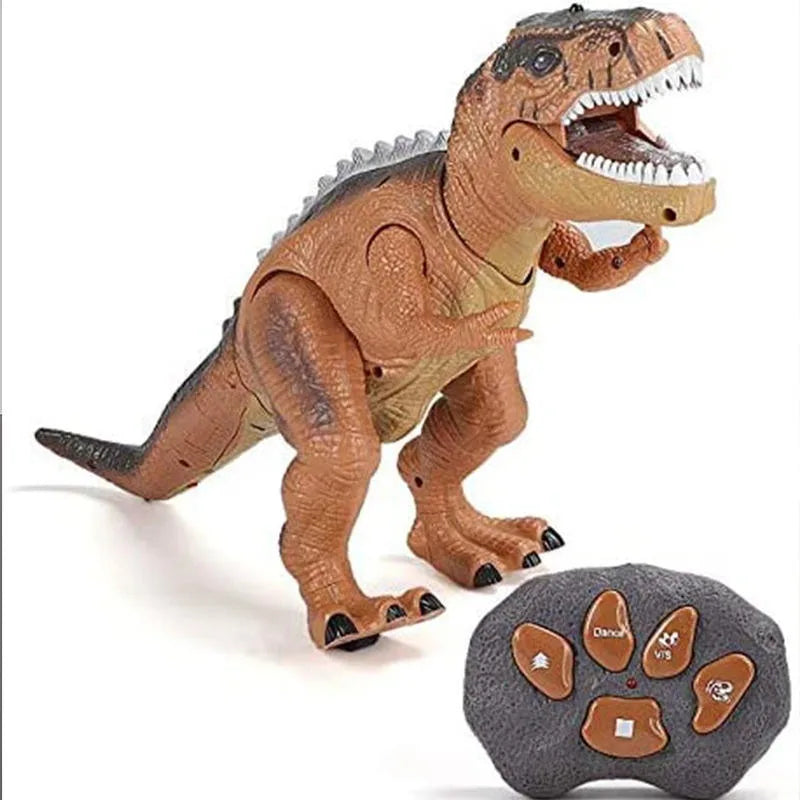 Large RC T-Rex dinosaur action figure. Electronic walking toy with roaring sounds & bright LED features.