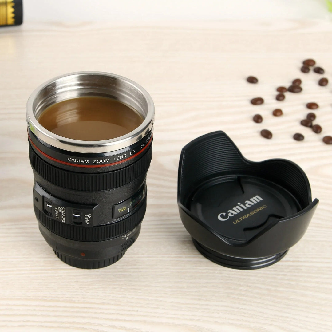Detailed replica camera lens coffee cup, perfect unique gift for photographers, coffee lovers, or tech enthusiasts.