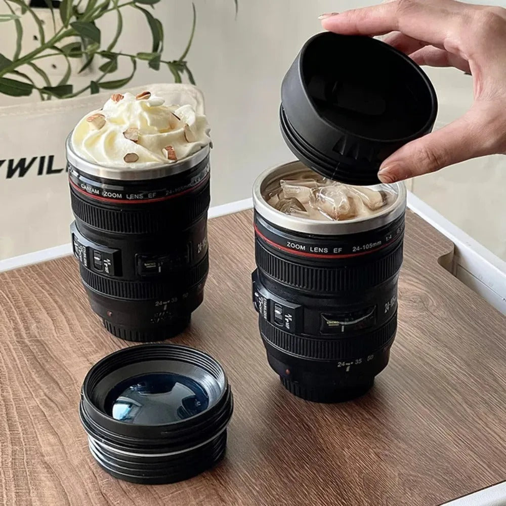 Unisex camera lens coffee mug, black, with lid, stainless steel lining. Ideal photography gift & daily drinkware.