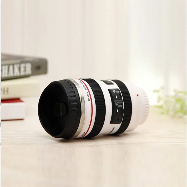Cool camera lens shaped coffee mug, a novelty item & unique photographer's gift. Great for home or office.