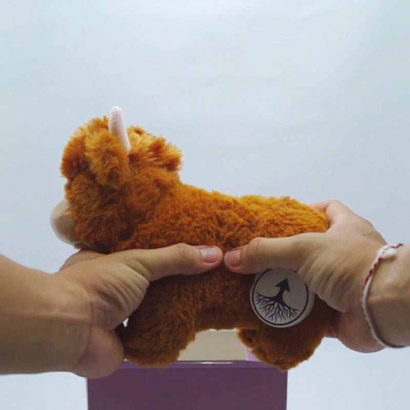 Highland cow plush, realistic and soft cotton animal toy, ideal kids gift or decorative piece.