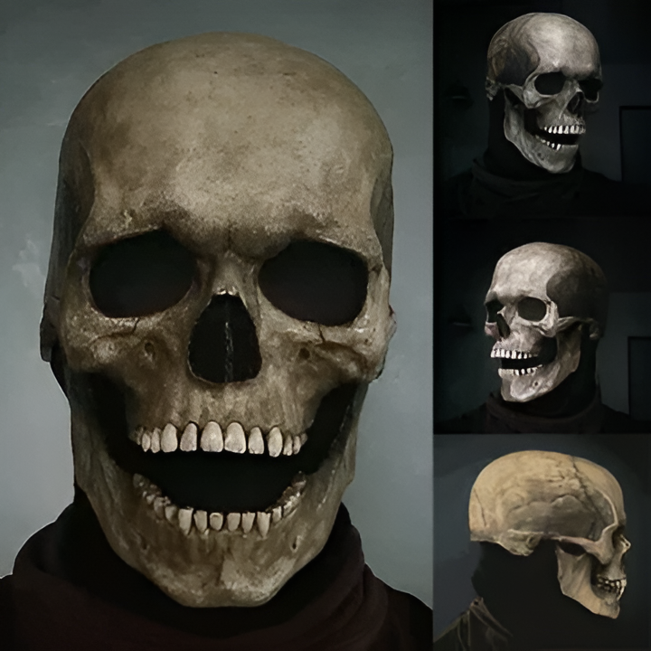 Movable jaw skeleton mask for Halloween parties. Realistic full head skull mask, great for horror costumes & cosplay.