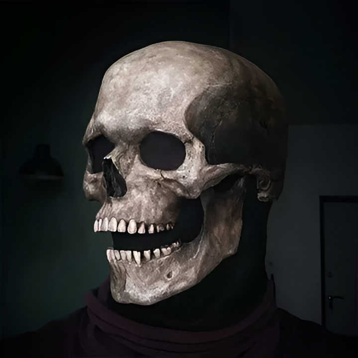 Detailed latex full head skull mask with movable jaw. Realistic skeleton costume accessory for Halloween & cosplay.
