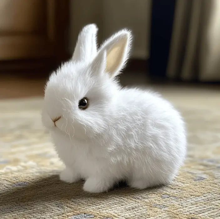 Realistic white rabbit plush toy with soft fur & lifelike movement; an electronic comfort pet or kids toy.