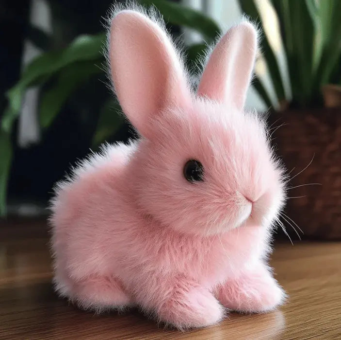 Moving realistic rabbit plush toy, soft fur, lifelike design. A perfect electronic comfort animal for kids & home.
