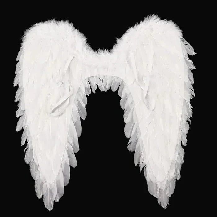 Elegant white celestial angel wings costume for women, ideal for Halloween parties, dress-up, and fantasy events.