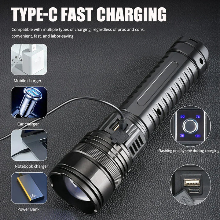 Striker rechargeable 10000 lumen LED torch, side view, showing power button & charging port