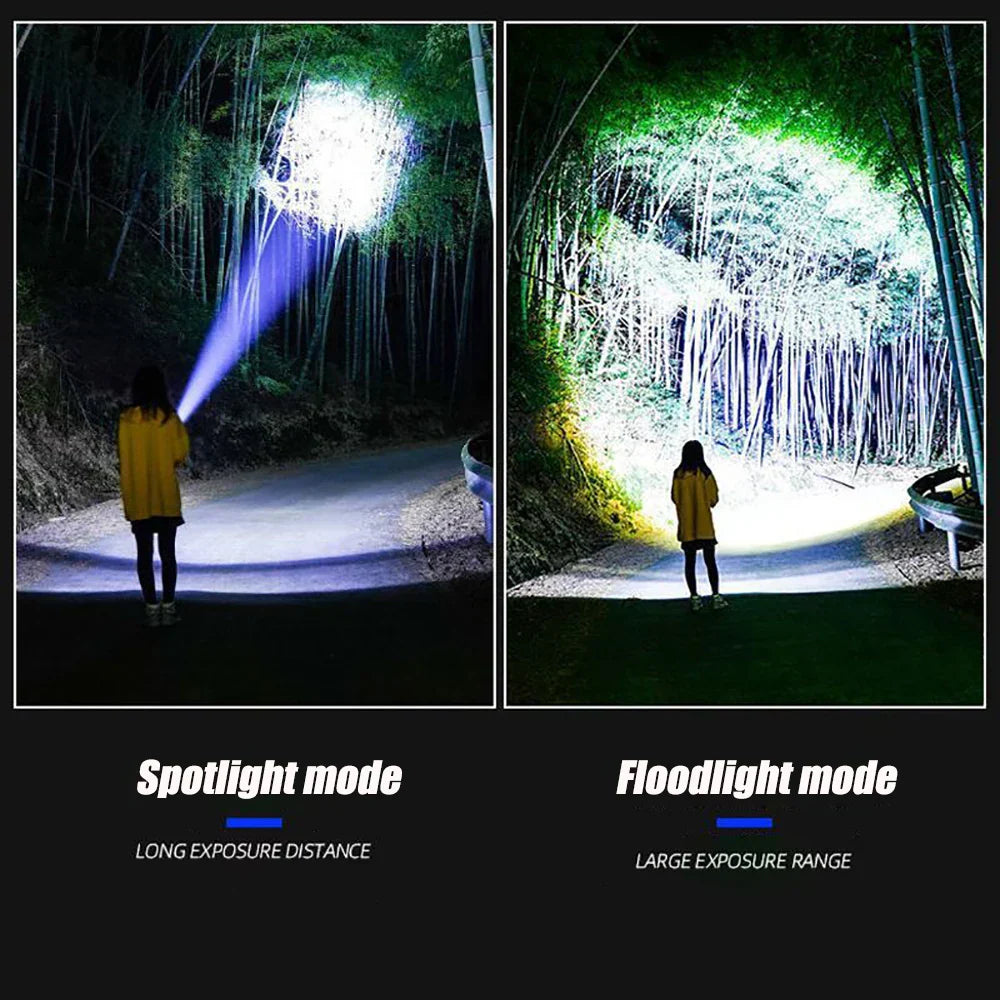Portable 10000 lumen LED torch with included charging cable & accessories, outdoor kit