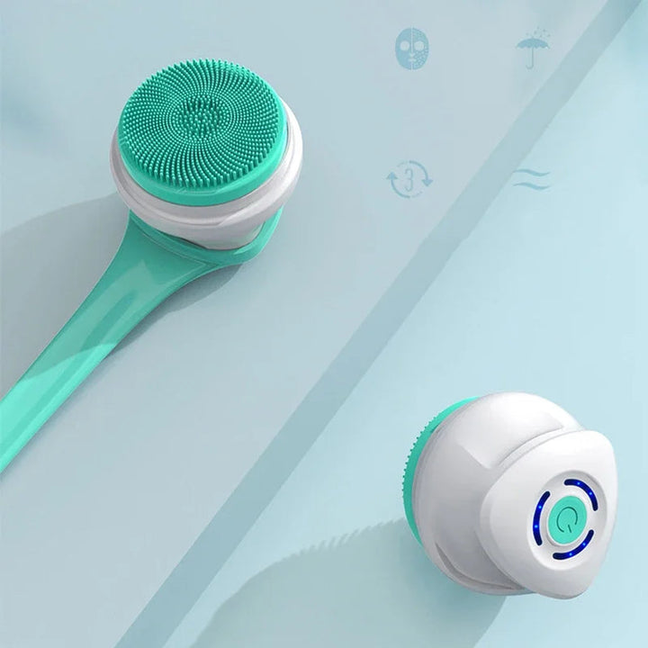 Rechargeable 5-in-1 electric body scrubber with long handle for shower. Perfect for exfoliation & cleansing.