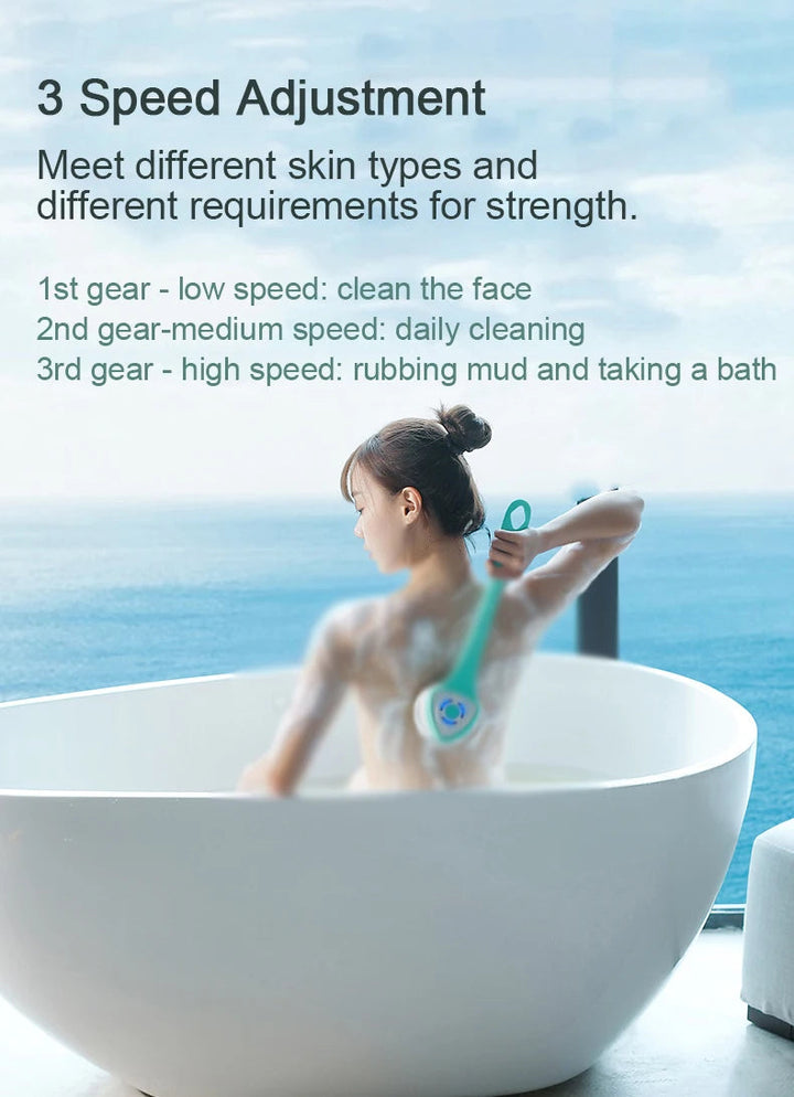 Waterproof electric body scrubber with long handle. Ideal shower tool for full body exfoliation & skin care.