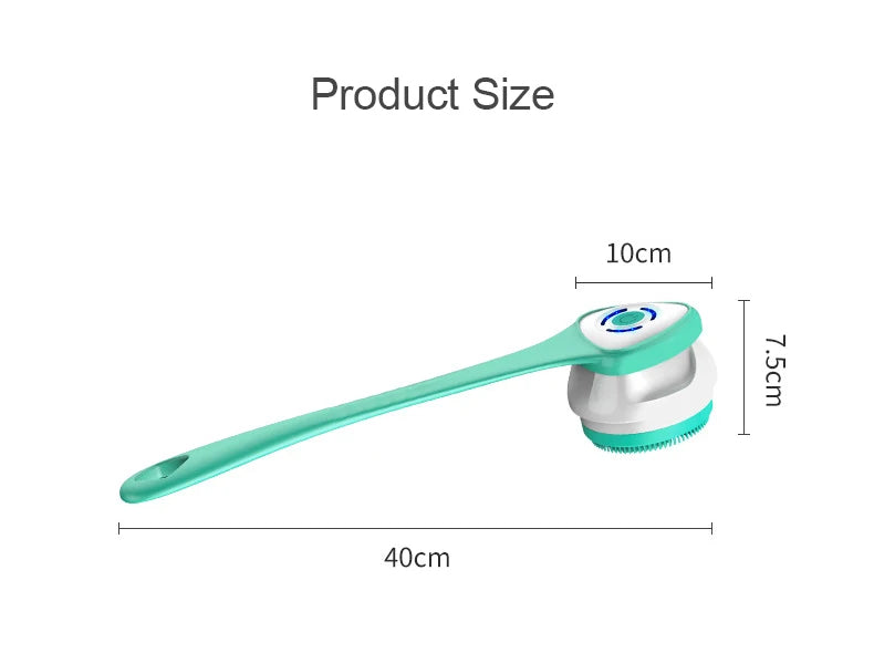 Ergonomic electric shower brush with long handle. Cleansing, exfoliating & massaging body care solution.