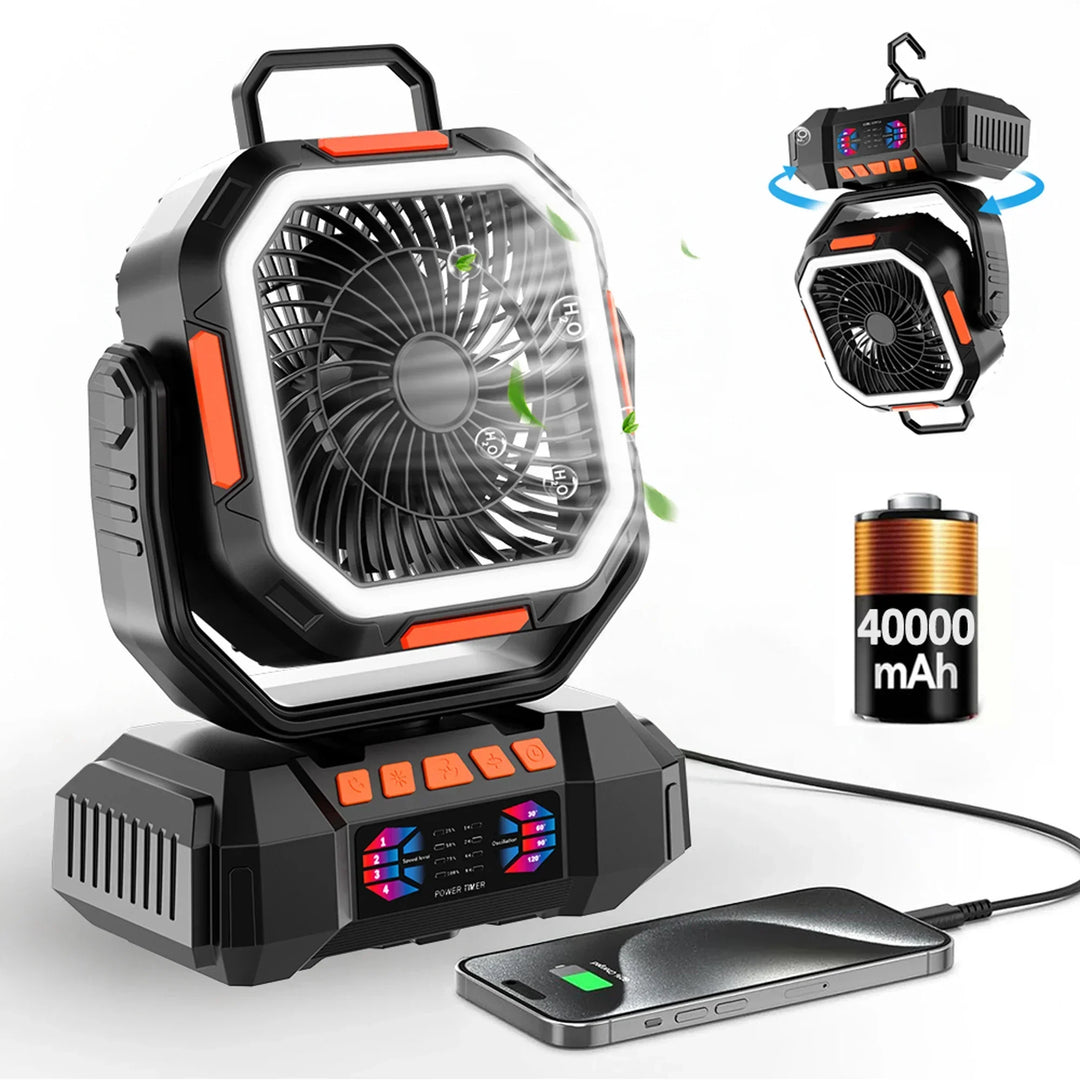 Rechargeable camping fan with LED lantern, 40000mAh battery for outdoor adventures