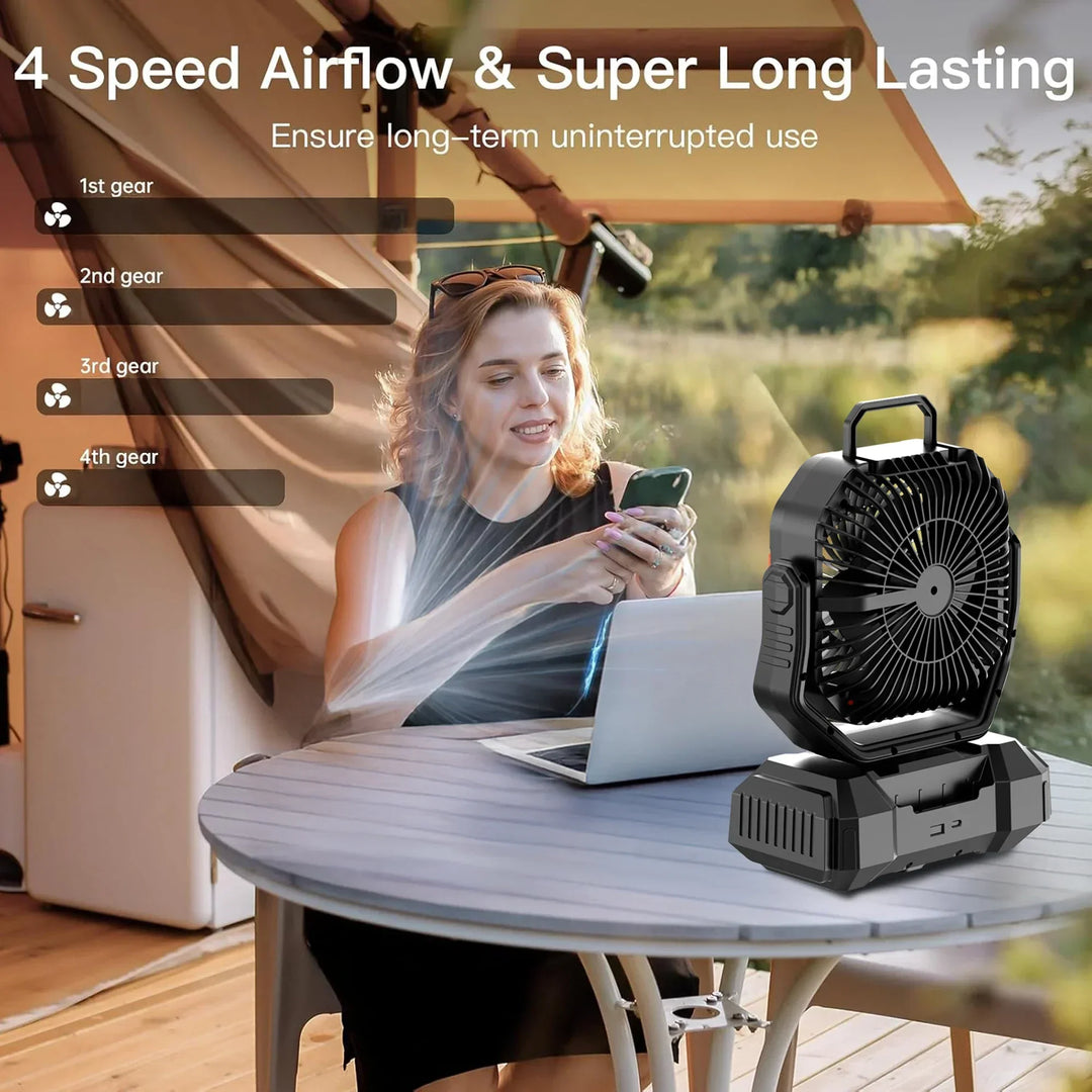F22 outdoor camping fan, rechargeable with power bank function and bright LED lantern