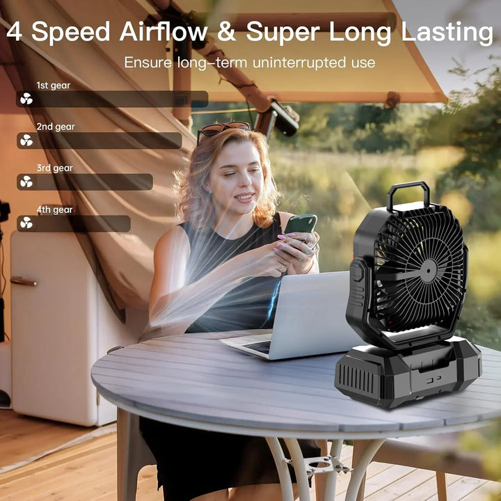 F22 outdoor camping fan, rechargeable with power bank function and bright LED lantern