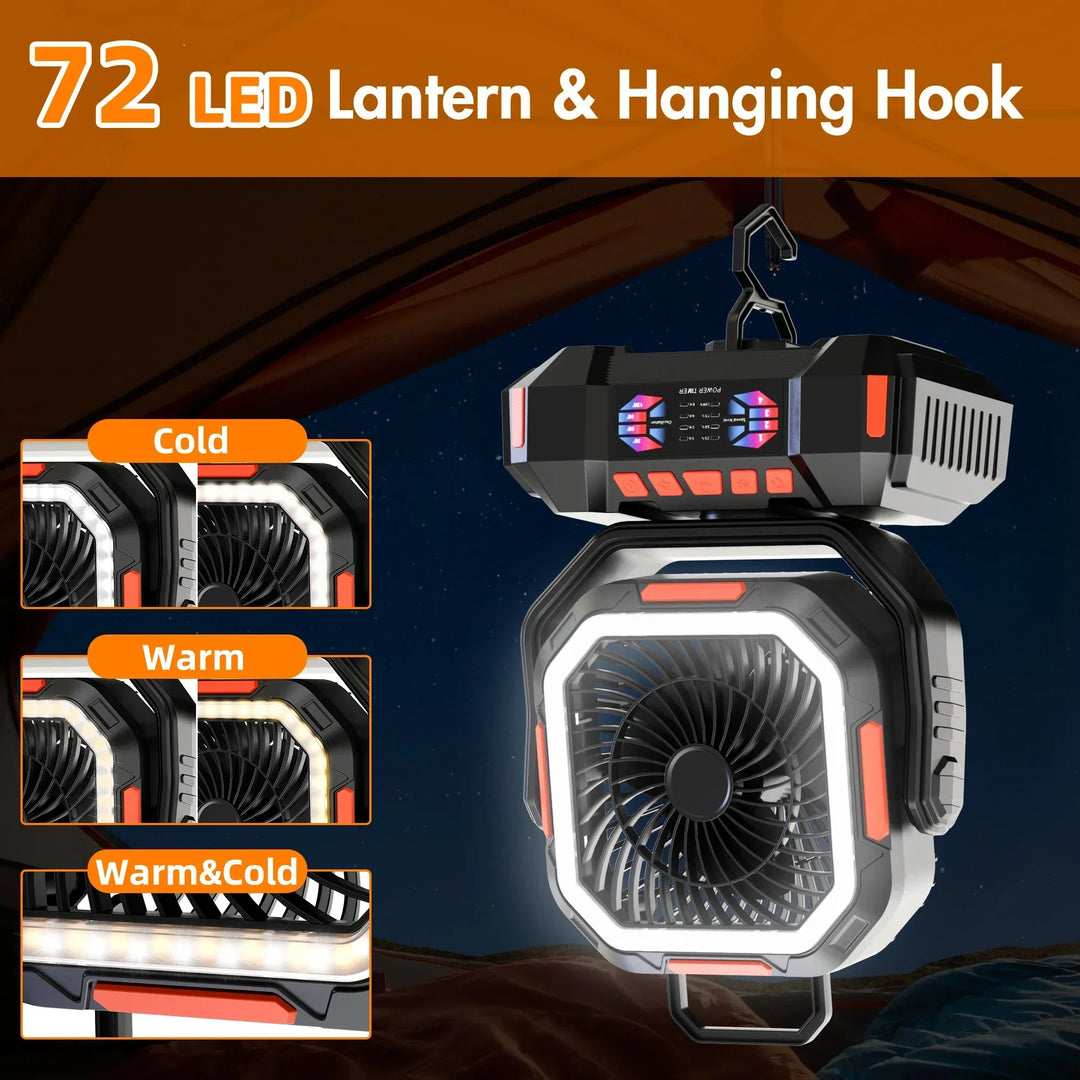 Emergency light & portable fan for camping, featuring a long-lasting rechargeable battery