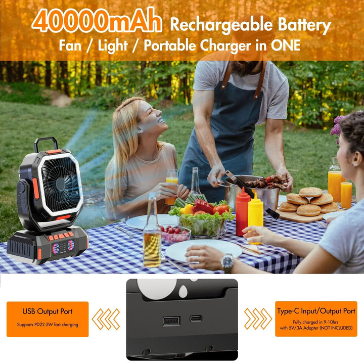 Tent fan with LED lantern, 40000mAh power bank for extended outdoor gear use