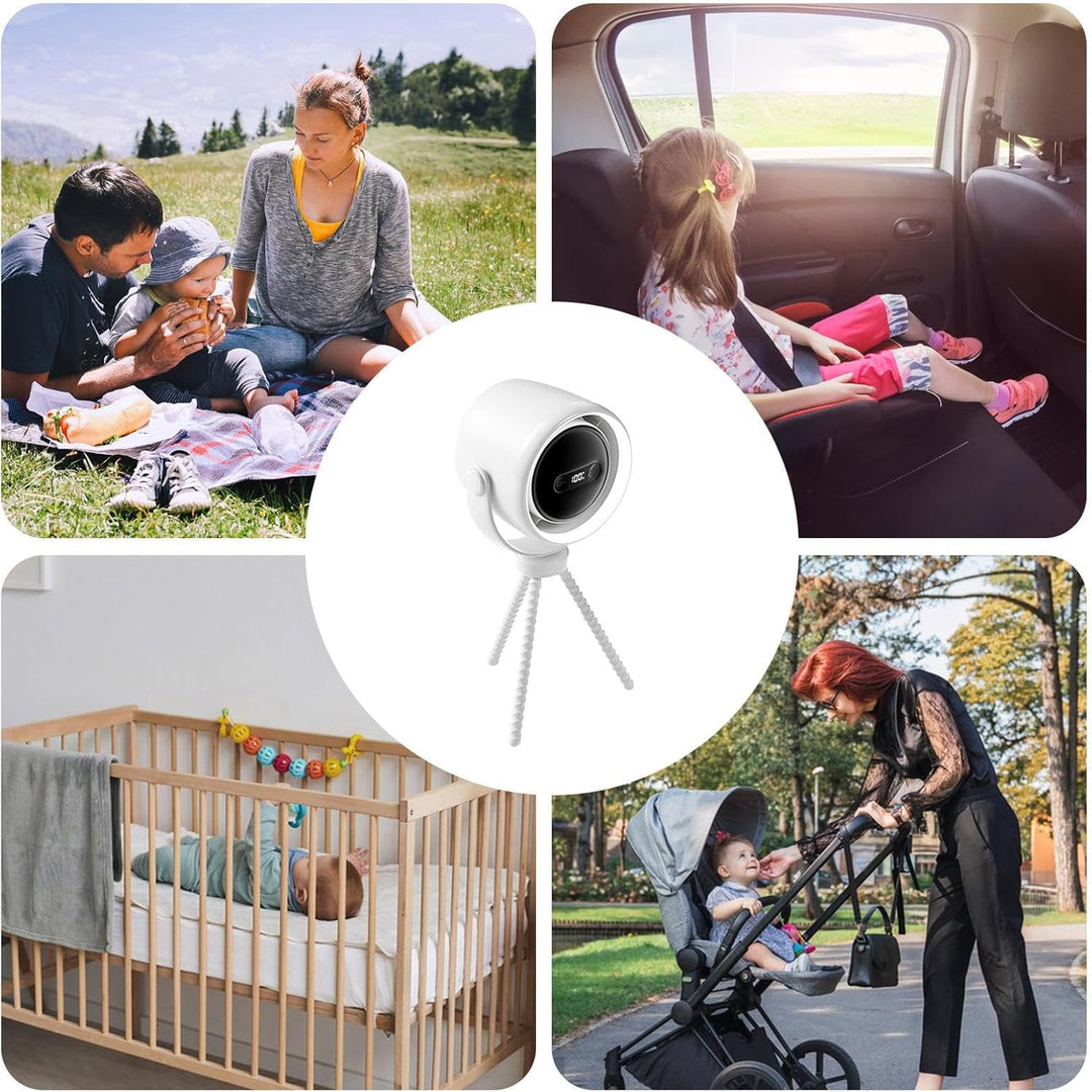 USB fan for stroller, illustrating its charging port and control buttons for speeds and light