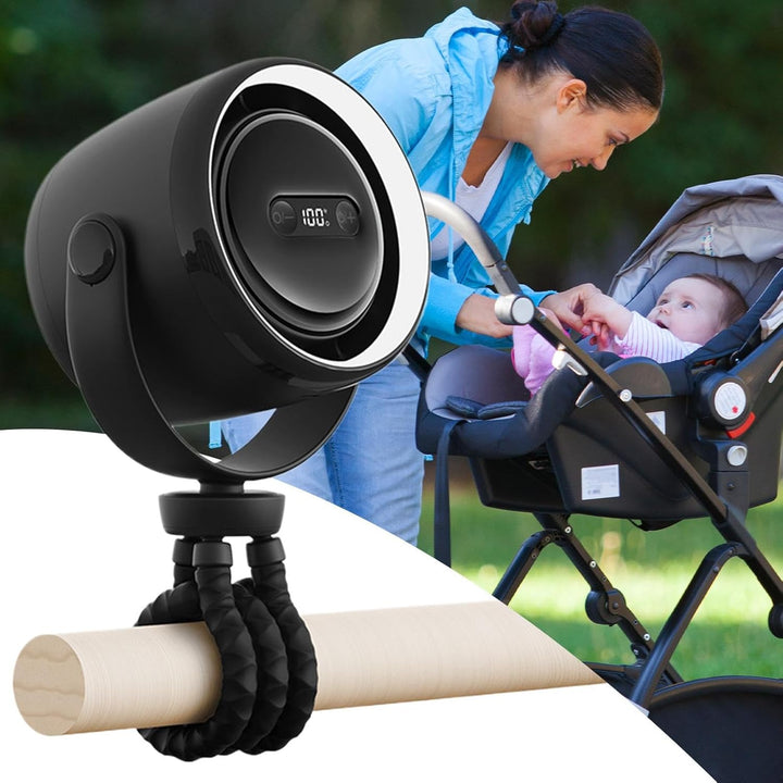 Compact and quiet baby stroller fan with clip, highlighting its flexible tripod and night light