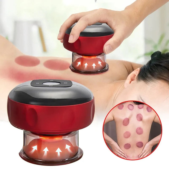 Rechargeable cupping therapy massager with heat & red light for muscle pain relief & relaxation.