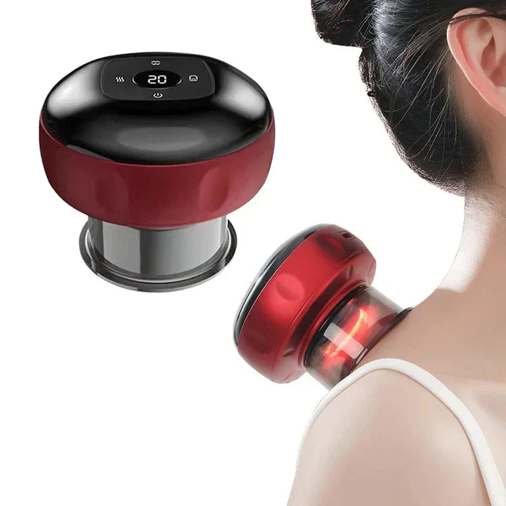 Portable ThermaCupp cupping massager offering heat and red light therapy for deep muscle relief.