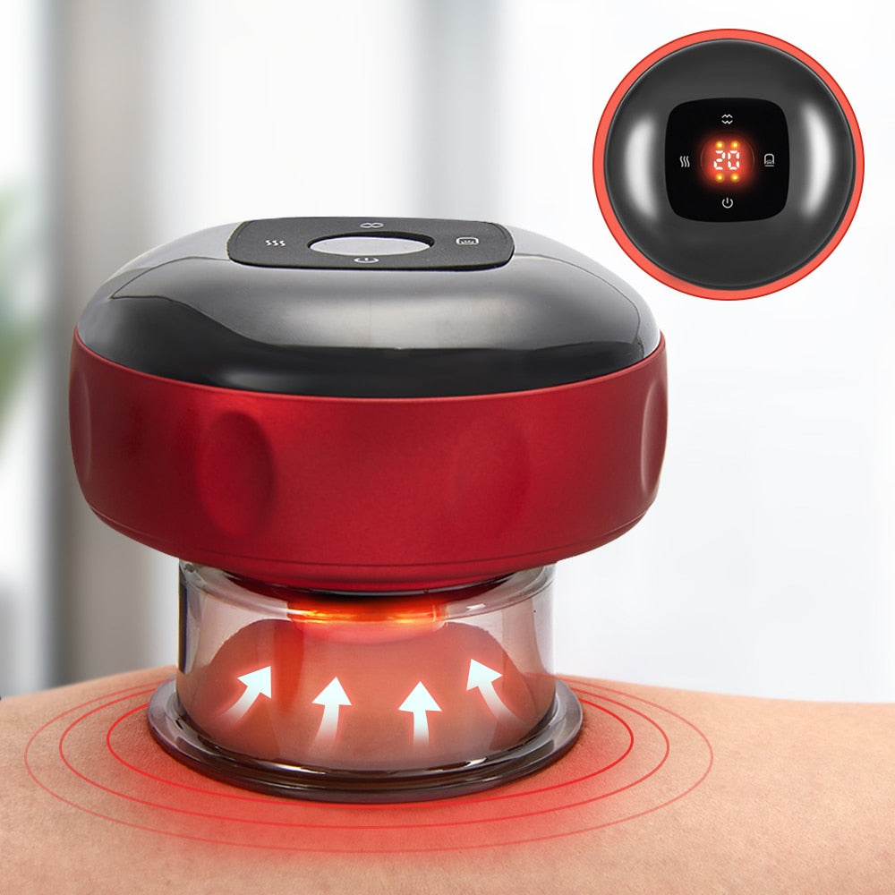 Relieve muscle pain & tension with this rechargeable cupping massager featuring soothing heat & red light.