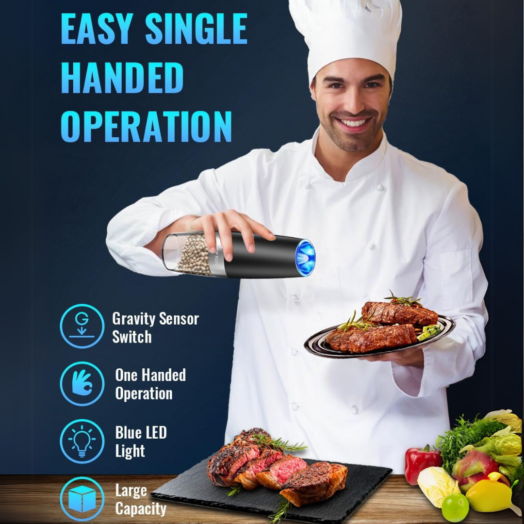 Elegant electric salt and pepper mills, rechargeable, essential for every cook