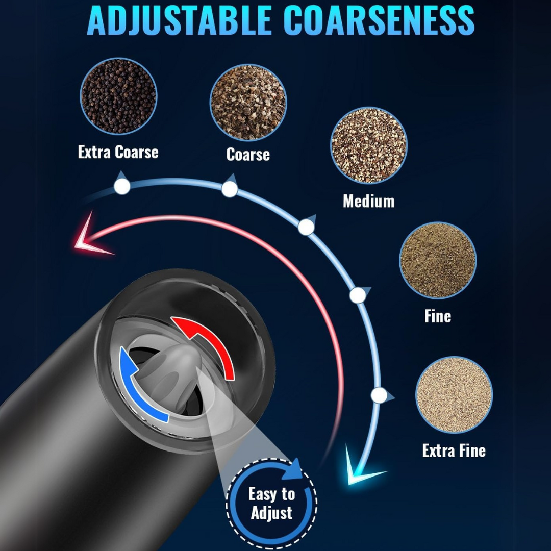 Kitchen centerpiece: rechargeable electric pepper & salt mill set in action