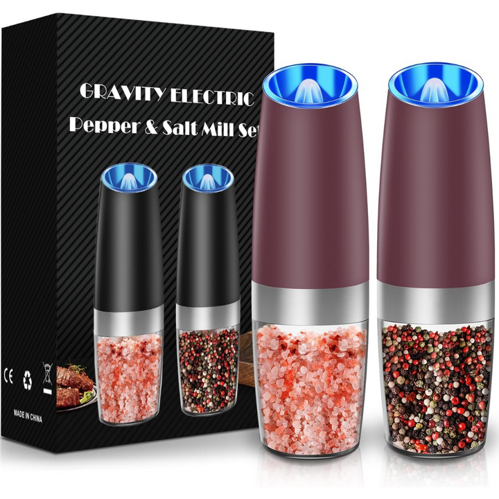 Sleek stainless steel electric salt and pepper grinder set with charging base