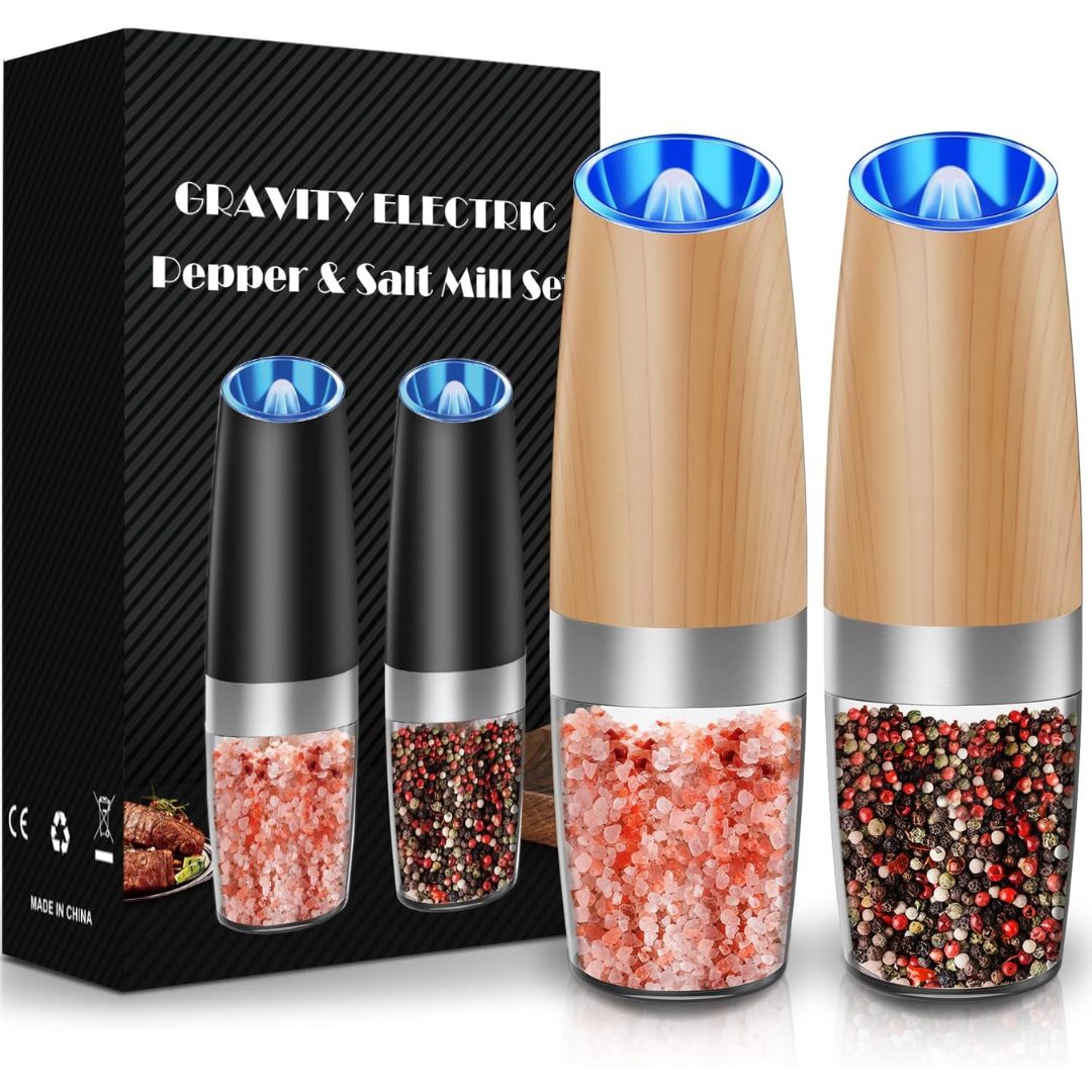Automatic pepper & salt mill set, rechargeable for effortless one-hand operation