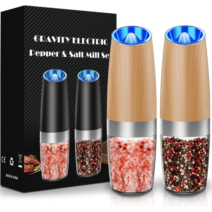 Automatic pepper & salt mill set, rechargeable for effortless one-hand operation