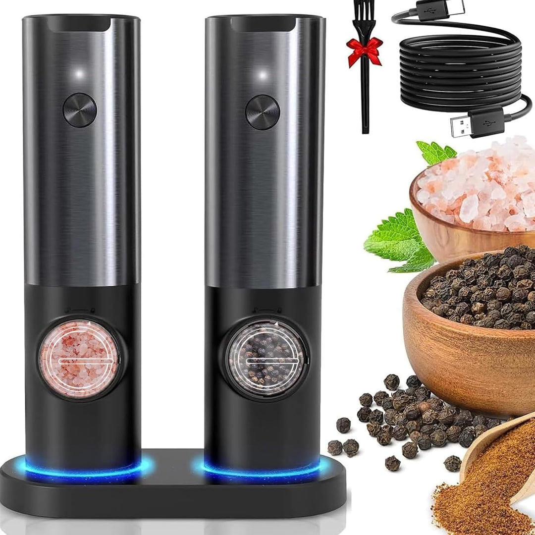 Rechargeable electric salt and pepper grinder set with stainless steel finish, ideal for home kitchen use
